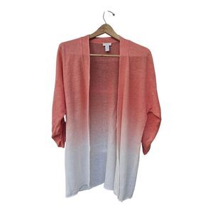 Chico's Salmon Ombre Linen Open Front Cardigan Sweater 3/4 Roll Tab Sleeve Large